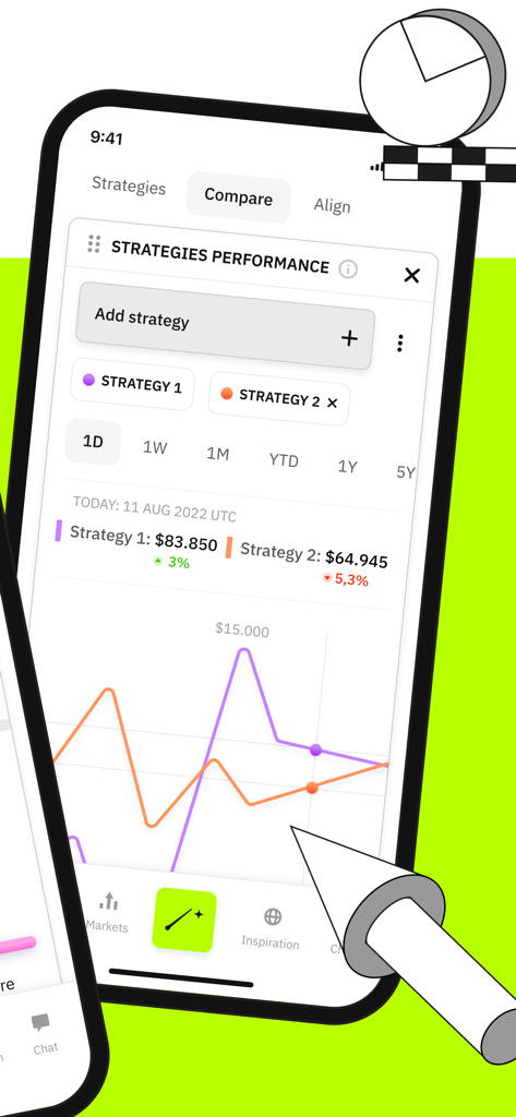 Merlin Investor - Merlin Investor app interface comparing the performance of two investment strategies with a line graph.