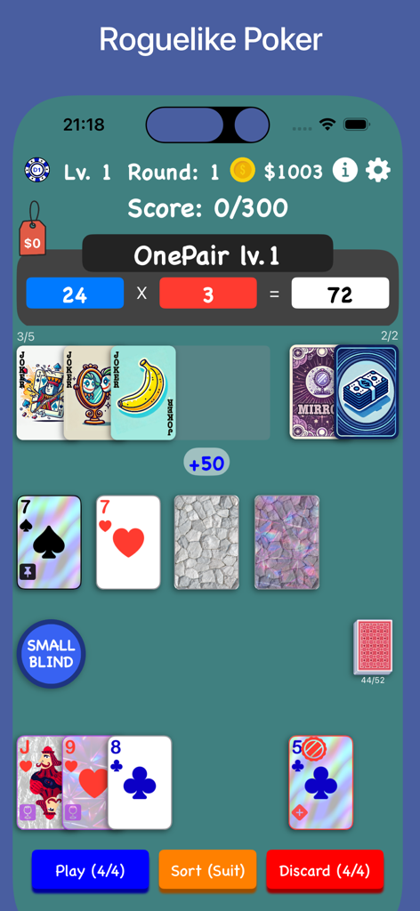 JokerPoker - Balala - JokerPoker Balala gameplay showing poker hand score calculations and joker card enhancements