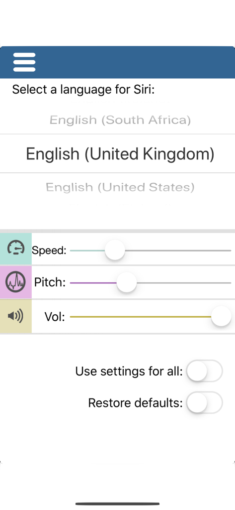 Interface pour sélectionner la langue de Siri et ajuster la vitesse, la tonalité et le volume de la voix dans l'application SpeechMaker.