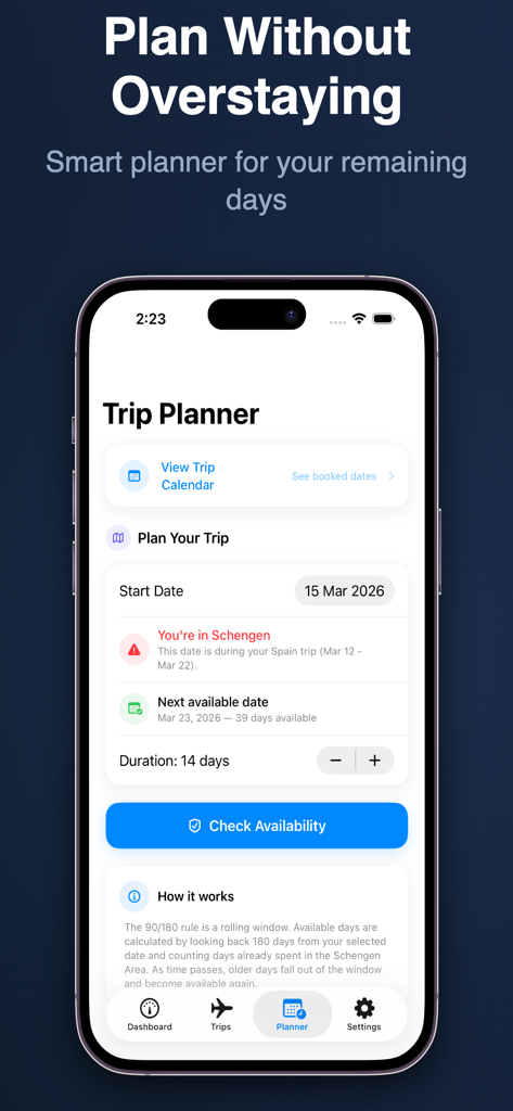Schengen Stay: 90/180 Days - Schengen Stay app trip planner screen showing visa day calculations