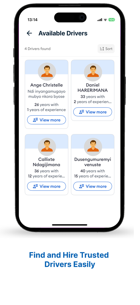 Vipi Transport - Vipi Transport app screen showing a list of verified professional drivers available for hire including their names and years of experience