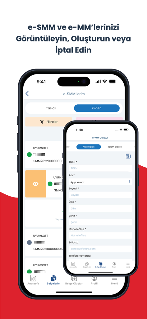 Interface de l'application e-Uyum montrant une liste de reçus e-SMM et un écran de création de documents e-MM sur les appareils mobiles.