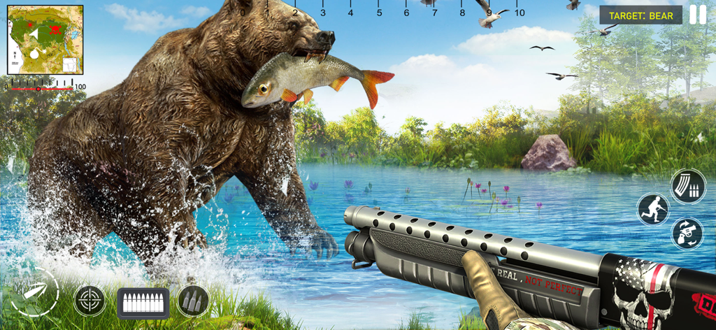 Deer Hunter Hunting Games - Vista en primera persona de la caza de un oso en el agua con una escopeta.