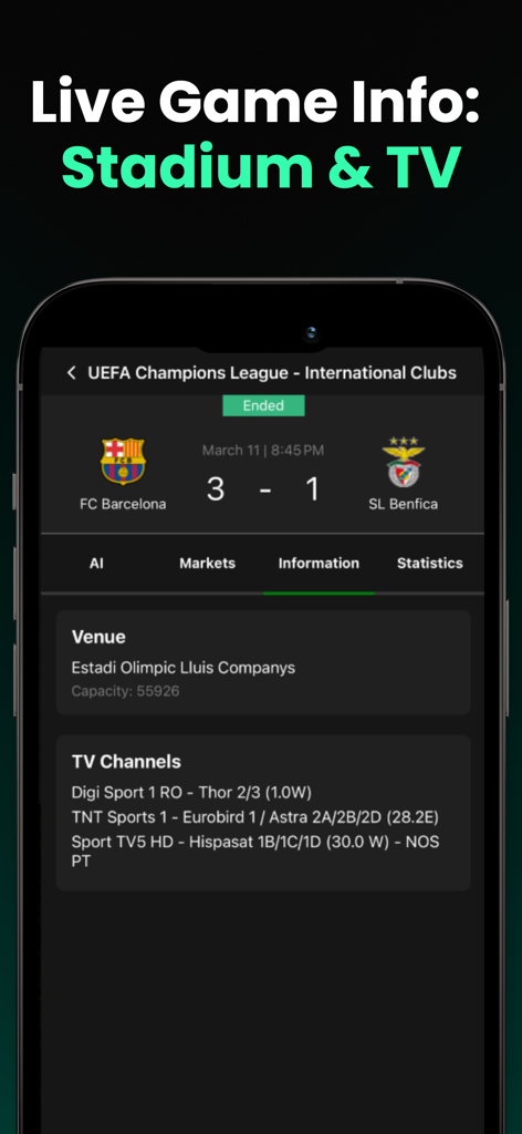 ScoreTips AI - ScoreTips AI app interface showing stadium information and TV broadcast channels for a live match