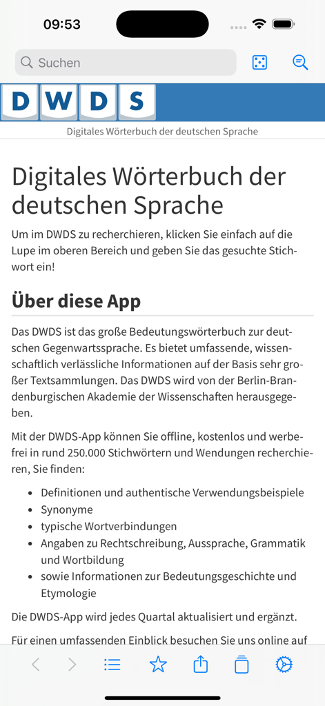 DWDS - About screen of the DWDS German dictionary app highlighting its academic features