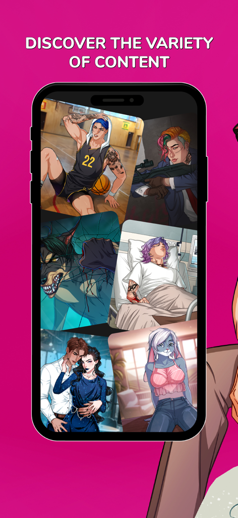 A smartphone displaying a variety of character archetypes and story genres available in MeChat.