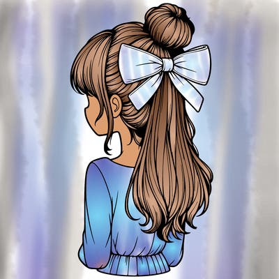 realistic girl  with hip length hair a bun and a big bow on the back of head
