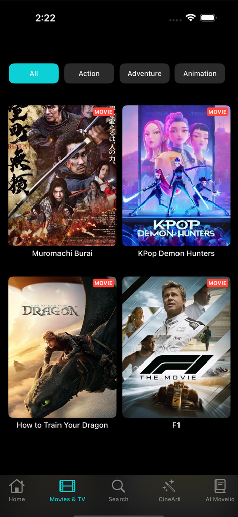 HuraGo Movies and TV Shows - HuraGo 앱 인터페이스에 장르 필터와 함께 인기 영화 포스터 그리드가 표시됨