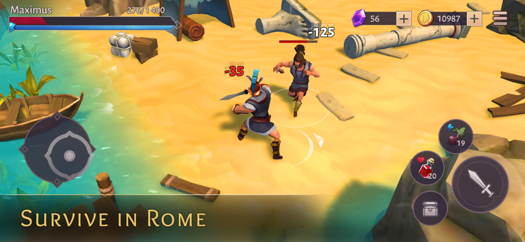 Gladiator Survival ・ Roman RPG - Un gladiador participando en un combate de acción en una playa en un juego de rol de supervivencia romano