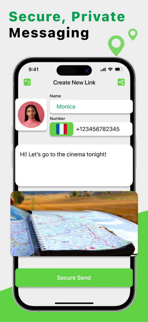 Smartphone screen showing the GeoSafe app interface for creating a secure location sharing link and private message.