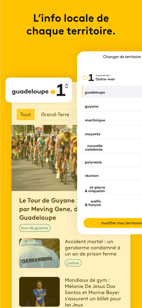 Interface de l'application La 1ère présentant un menu de sélection du territoire et des articles d'actualité locale de Guadeloupe.