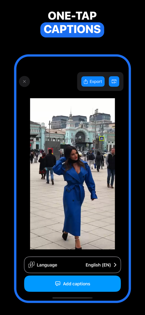 Captions For Video - Subtitles - Interfaz de una aplicación móvil que muestra una función de subtítulos de un solo toque con un botón 'Añadir subtítulos' y una vista previa del vídeo de una mujer con un abrigo azul