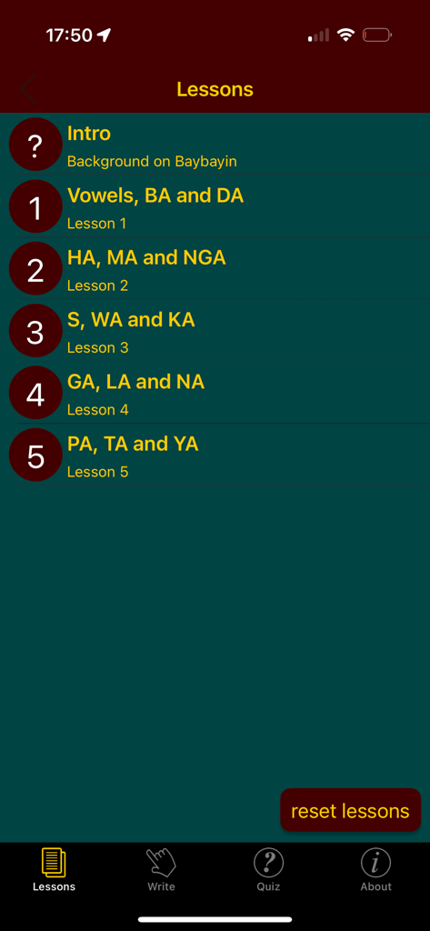 A list of five lessons for learning the Tagalog Baybayin script in the Tagalog Baybayin Now app