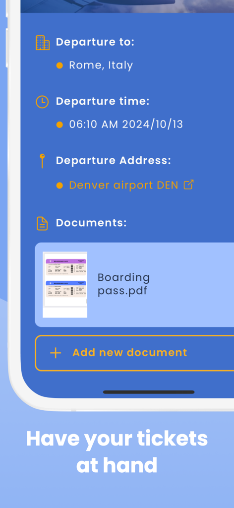 Trippy - Travel Manager - Interface of the Trippy app showing travel departure details and a stored boarding pass PDF