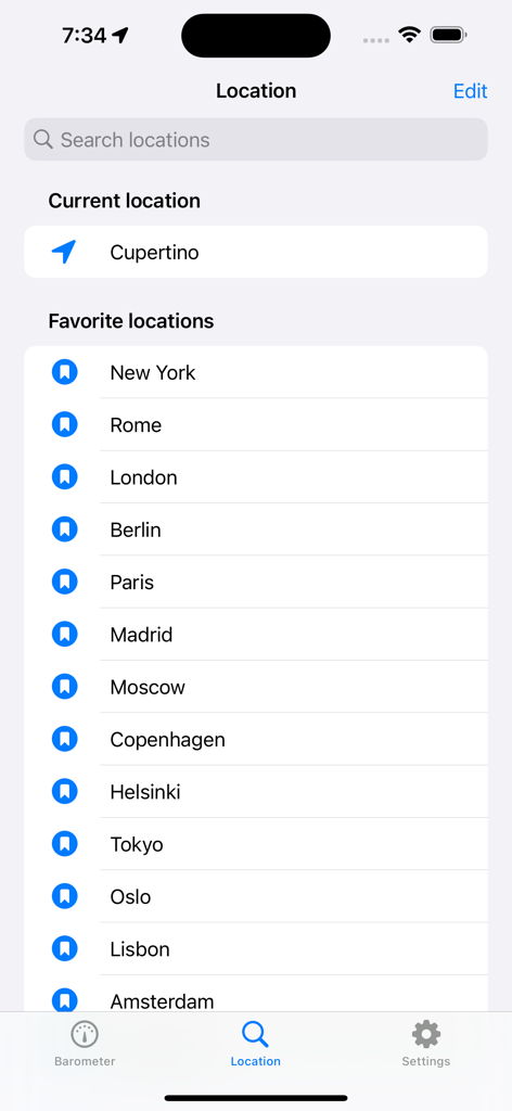 Search and favorite locations screen in the Barometer - Air Pressure mobile app.