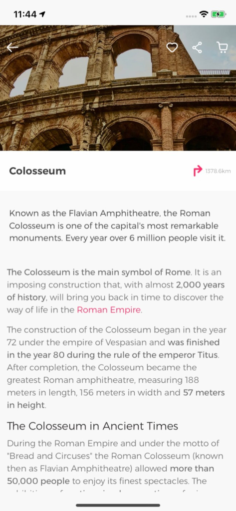 Rome Guide by Civitatis.com - Pantalla de aplicación móvil que muestra hechos históricos y una foto del Coliseo en Roma.
