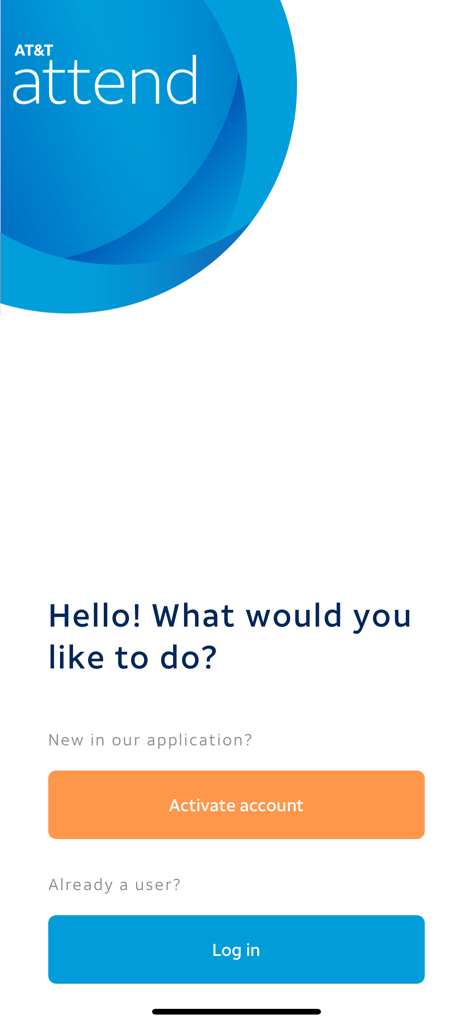 Tela de boas-vindas do aplicativo AT&T attend com botões para ativar conta e fazer login