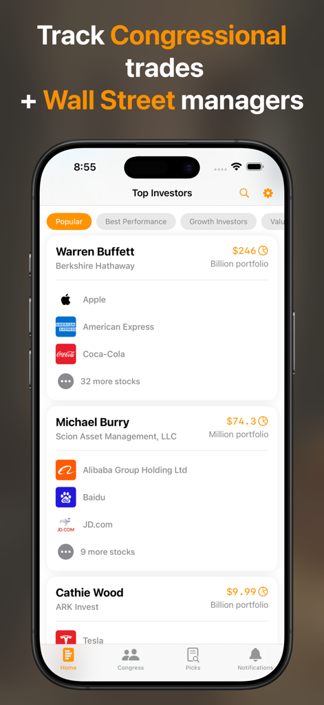 Stock Insider: Track Trades - Pantalla de la aplicación Stock Insider que muestra las carteras de los principales inversores como Warren Buffett y Michael Burry.