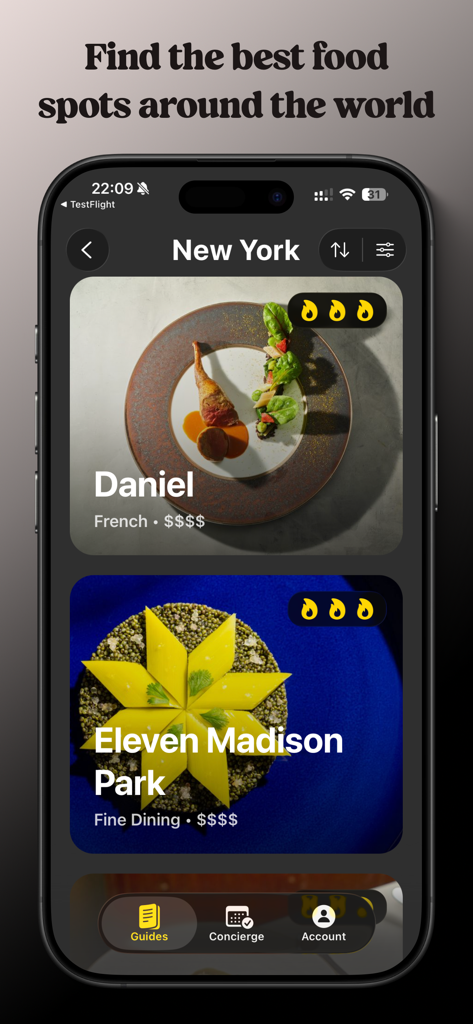 HotSpot - AI Reservations - A screenshot of the HotSpot app displaying curated luxury restaurant options in New York City