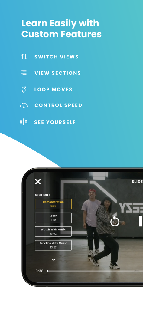 Pantalla de la aplicación STEEZY que muestra funciones de aprendizaje de baile como cambio de vistas, repetición de movimientos y control de velocidad