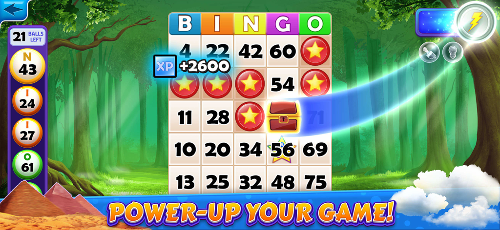 Bingo Cruise™ Live Casino Game - Bingo card in a forest-themed room showing a power-up effect unlocking a treasure chest and earning bonus XP.