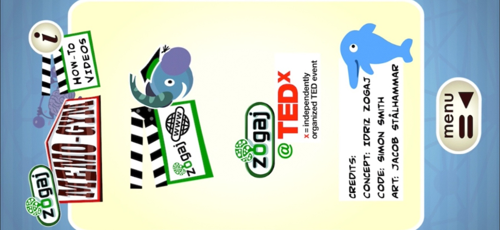 Zogaj Memo Gym - Information screen of the Zogaj Memo Gym app featuring links to how-to videos, the official website, and a TEDx talk reference.