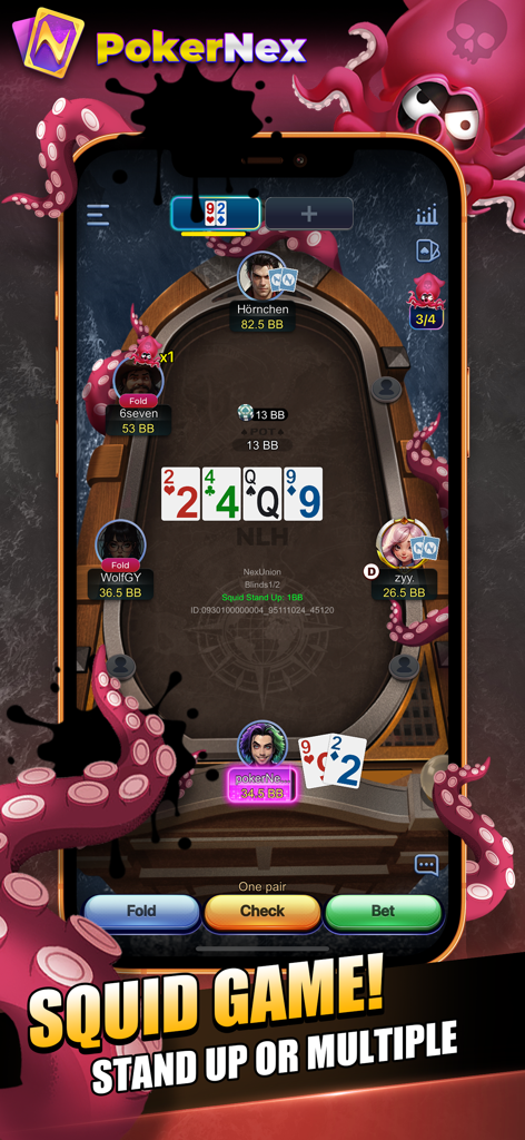 PokerNex - Gameplay mobile di PokerNex che mostra un tavolo da poker a tema calamaro con pulsanti di gioco