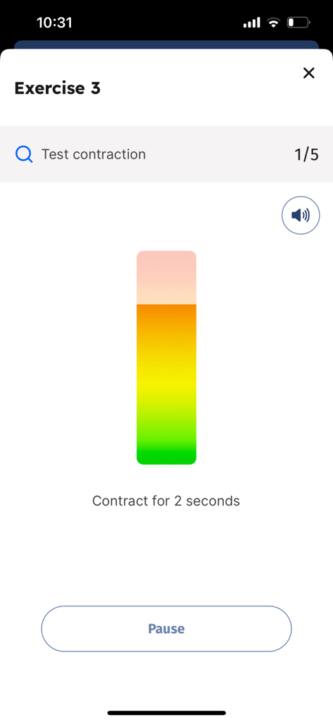 Interface of the Tat-m app showing a visual guide and timer for a pelvic floor contraction exercise