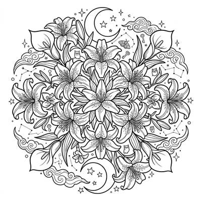 Discover tranquility with this enchanting Lily Mandala coloring page, beautifully entwined with the magic of a night sky. Dive into intricate floral patterns adorned with celestial moons, stars, and tiny nocturnal creatures.