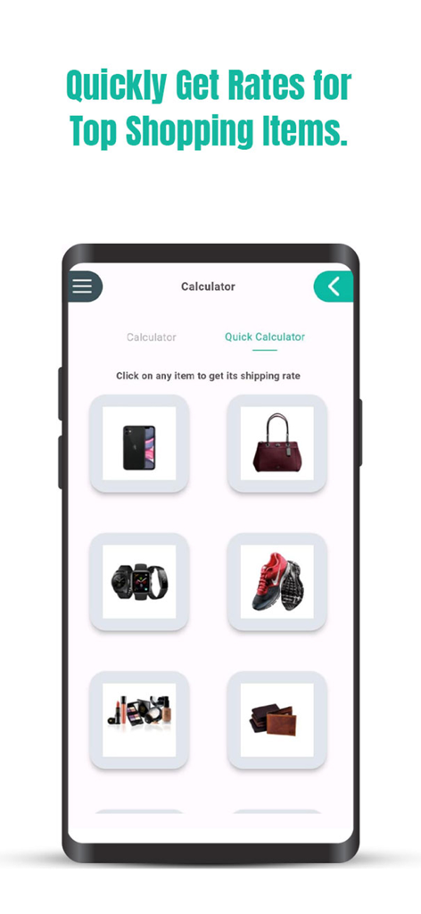 Global Shopaholics - Quick calculator screen in the Global Shopaholics app showing shipping rates for popular items like electronics, bags, and shoes.