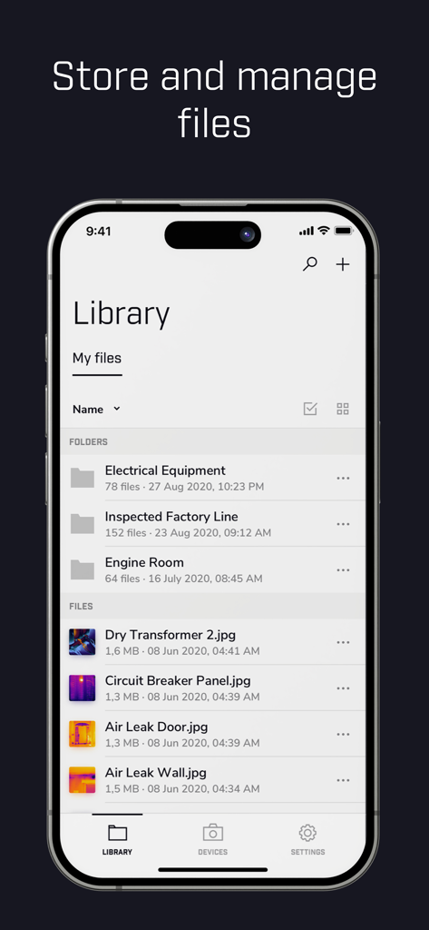 FLIR Tools app interface showing the library screen with organized folders for electrical equipment and thermal imaging inspection files.
