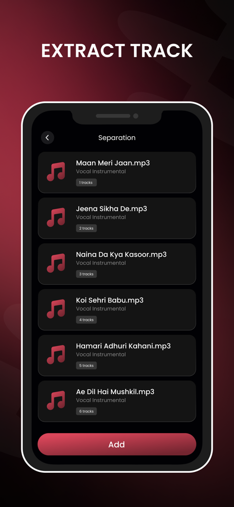 Song Vocal Remover - Music Ext - Schermata che mostra un elenco di canzoni per l'estrazione di tracce e la separazione vocale nell'app