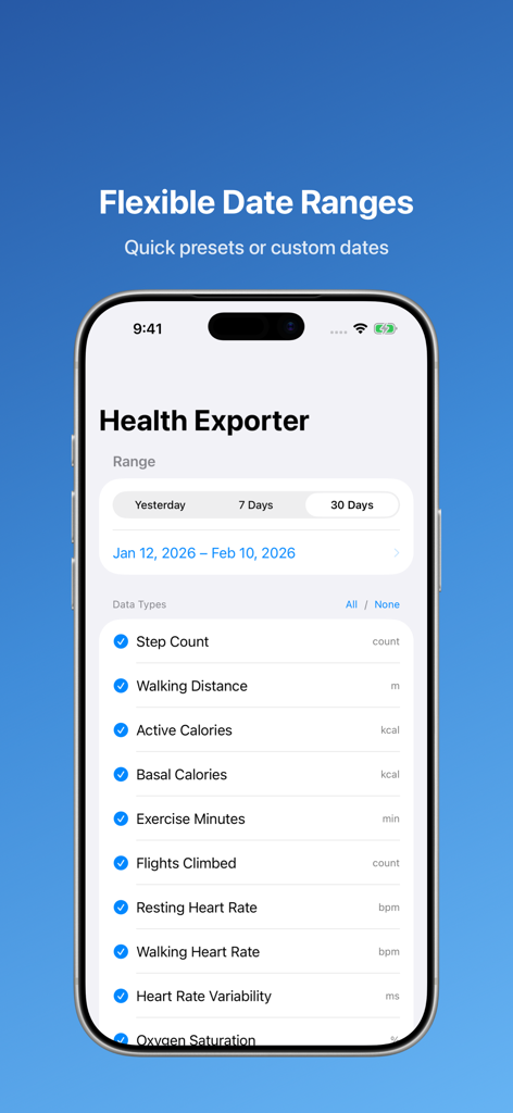 Interface of the Health Exporter app showing options to select flexible date ranges and specific health data types for export.