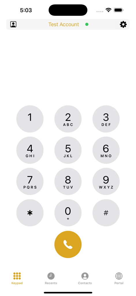 Interface do teclado do Smart-SIP-Phone Pro com discador numérico e status da conta ativa