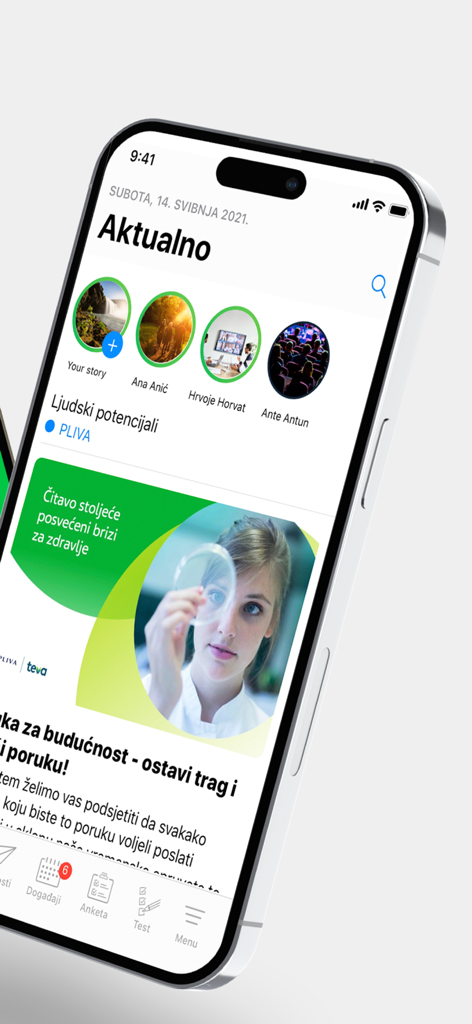 PhEA mobile app news feed with healthcare professional stories and event navigation