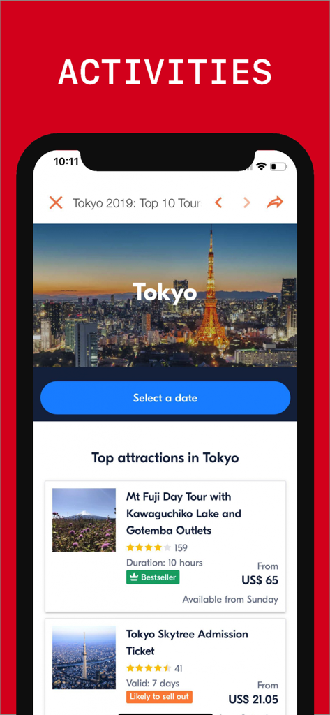 Tokyo Travel Guide . - 도쿄 여행 가이드 앱 활동 화면에 후지산 당일 투어 및 도쿄 스카이트리 티켓과 같은 주요 명소가 표시되어 있습니다.