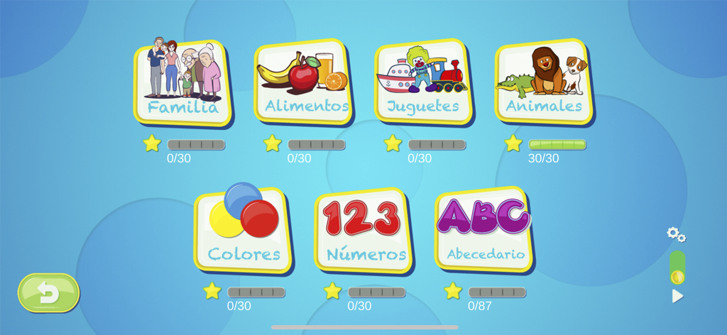 Main menu of the Dilo en Senas app showing colorful categories like Family, Food, and Animals for learning Mexican Sign Language.