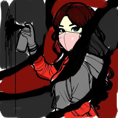 realistic girl with mask spray painting a wall