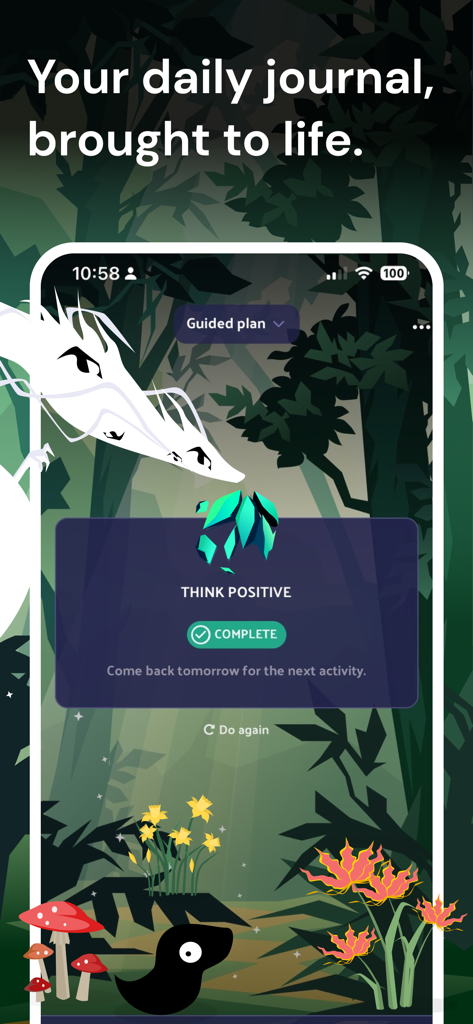 Voidpet Garden: Mental Health - Voidpet Gardenアプリのスクリーンショット。魔法の庭の設定で完了した「ポジティブ思考」タスクが表示されています。