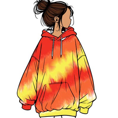 realistic girl with a oversized sweatshirt on and a bun