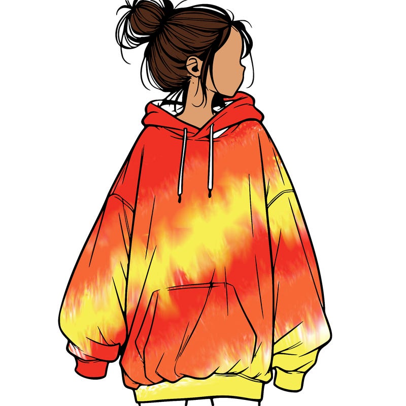 realistic girl with a oversized sweatshirt on and a bun