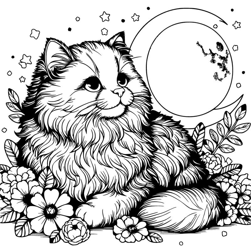 fluffy realistic cat with a moon and flowers