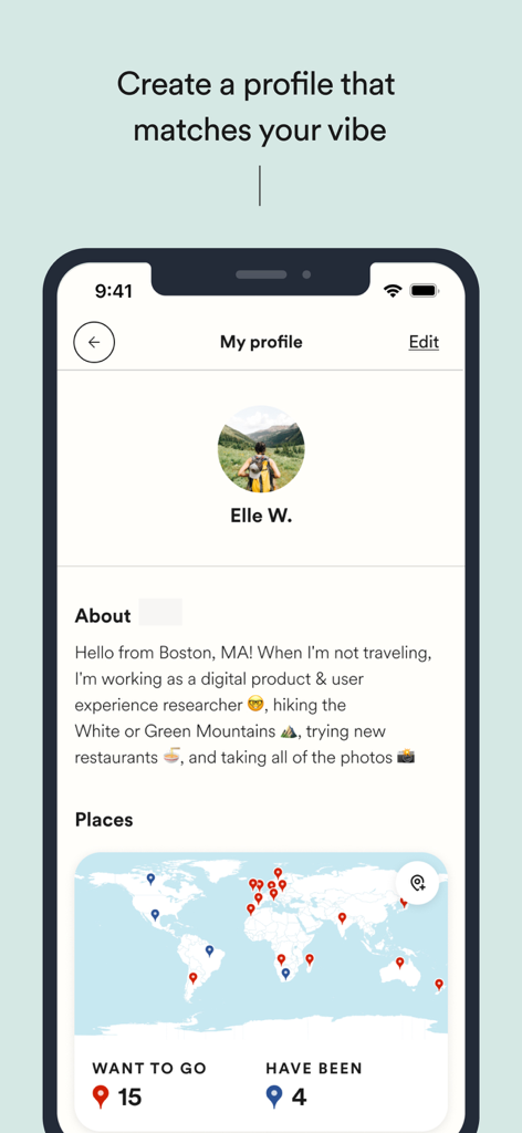 Mobile app screen showing a user profile with a bio section and a world map displaying visited and desired travel destinations