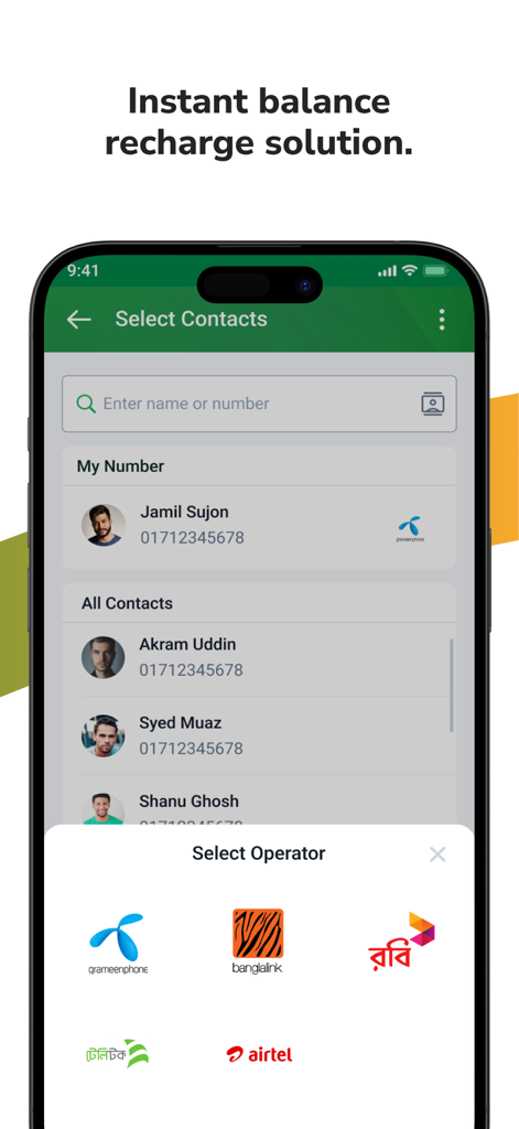 Interface of PI Banking app showing a contact selection list and a popup for choosing a mobile operator for balance recharge