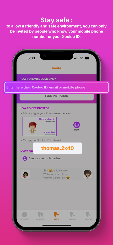 Einladungsbildschirm in Xooloo Messenger für Kinder, der Optionen zum sicheren Verbinden mit Freunden über eindeutige IDs oder Telefonnummern anzeigt.