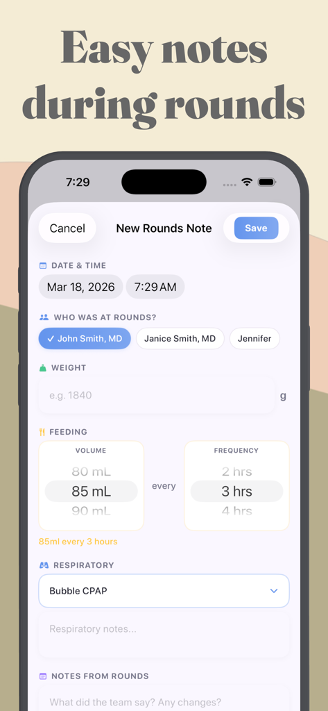 Roo: A NICU Companion App - Interfaz de la aplicación Roo que muestra un formulario para rastrear rondas de UCIN, incluido el peso, la alimentación y el estado respiratorio