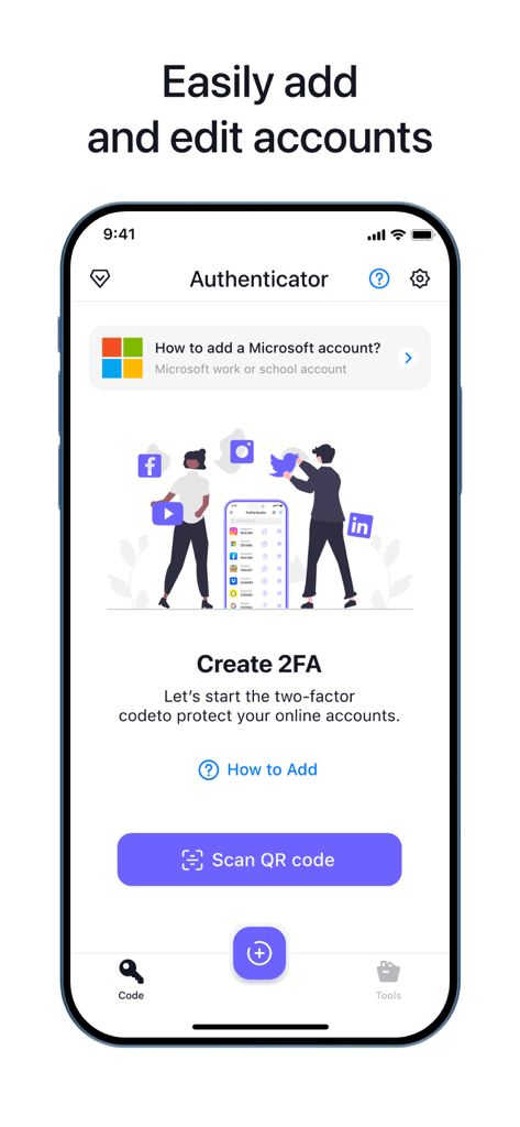 Interface de l'application Authenticator pour configurer l'authentification à deux facteurs avec un bouton de scan de code QR.