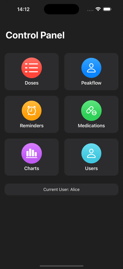 Track My Asthma - Track My Asthma app control panel showing menu options for doses, peakflow, reminders, medications, charts, and multiple users