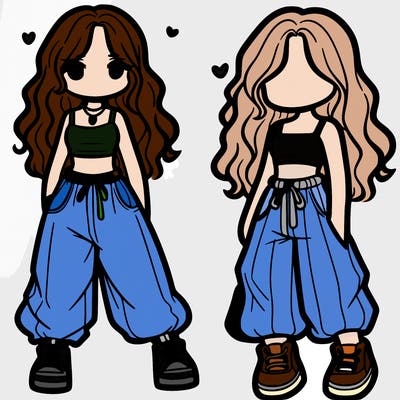 girl in baggy pants crop top and long hair