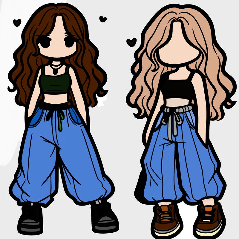 girl in baggy pants crop top and long hair